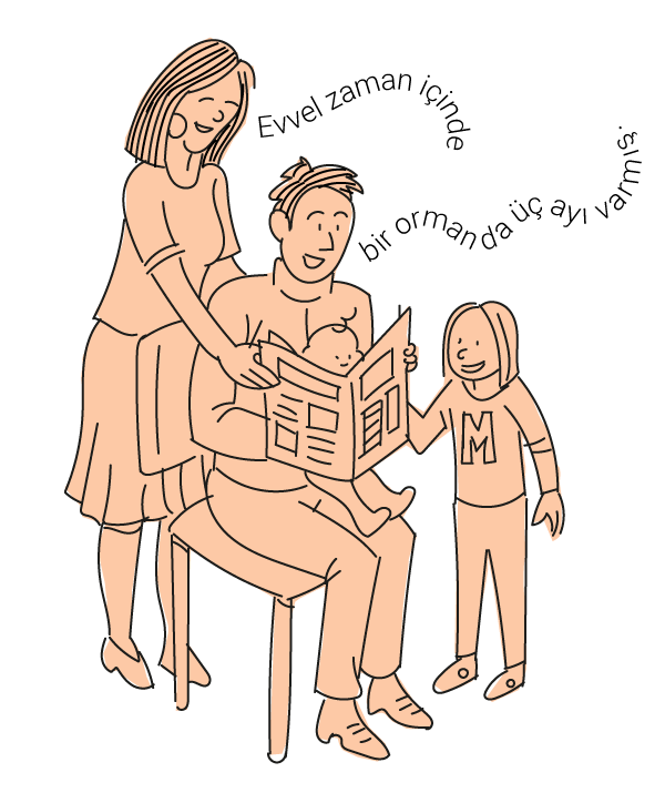 Illustratie gezin voorlezen in thuistaal