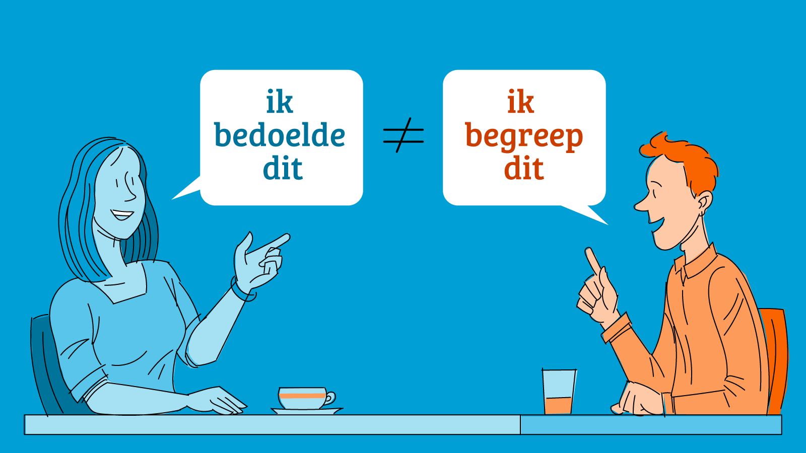 illustratie van 2 mensen die uitspreken dat ze elkaar verkeerd begrepen