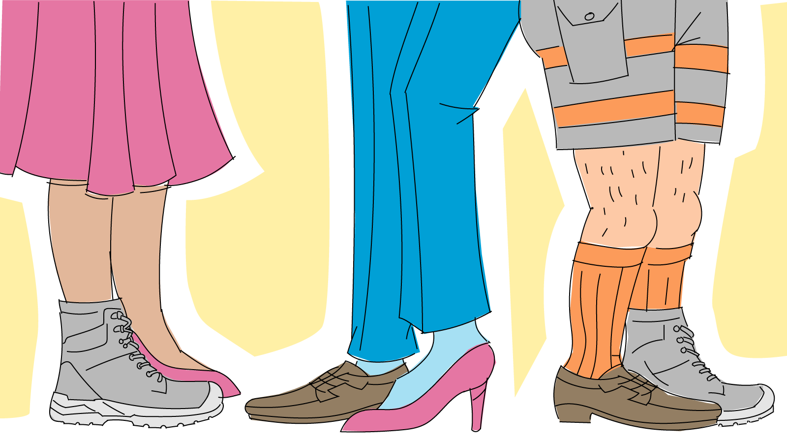 illustratie van spreekwoord 'in de schoenen staan van'. 3 paar voeten met andere schoenen aan.